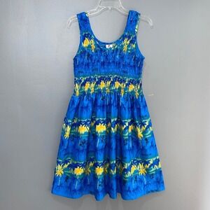 Rima Beachworld Caribbean Sun Dress Womens OS Blue Cotton Smocked Tropical Boho